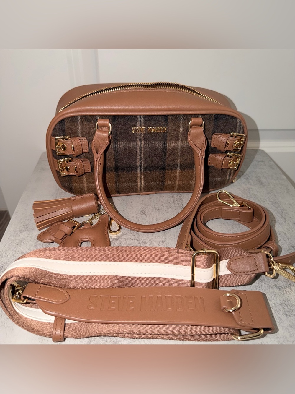 Steve Madden Brown Plaid Mini Satchel